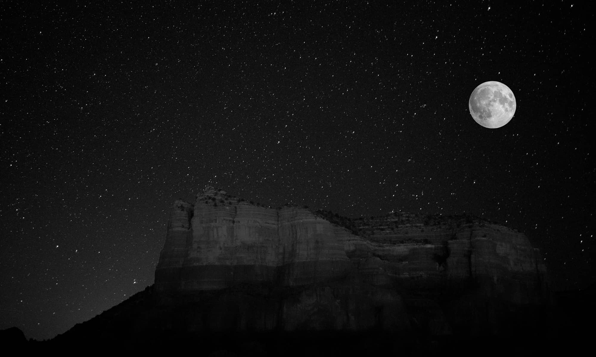 Sedona, Arizona at night with full moon