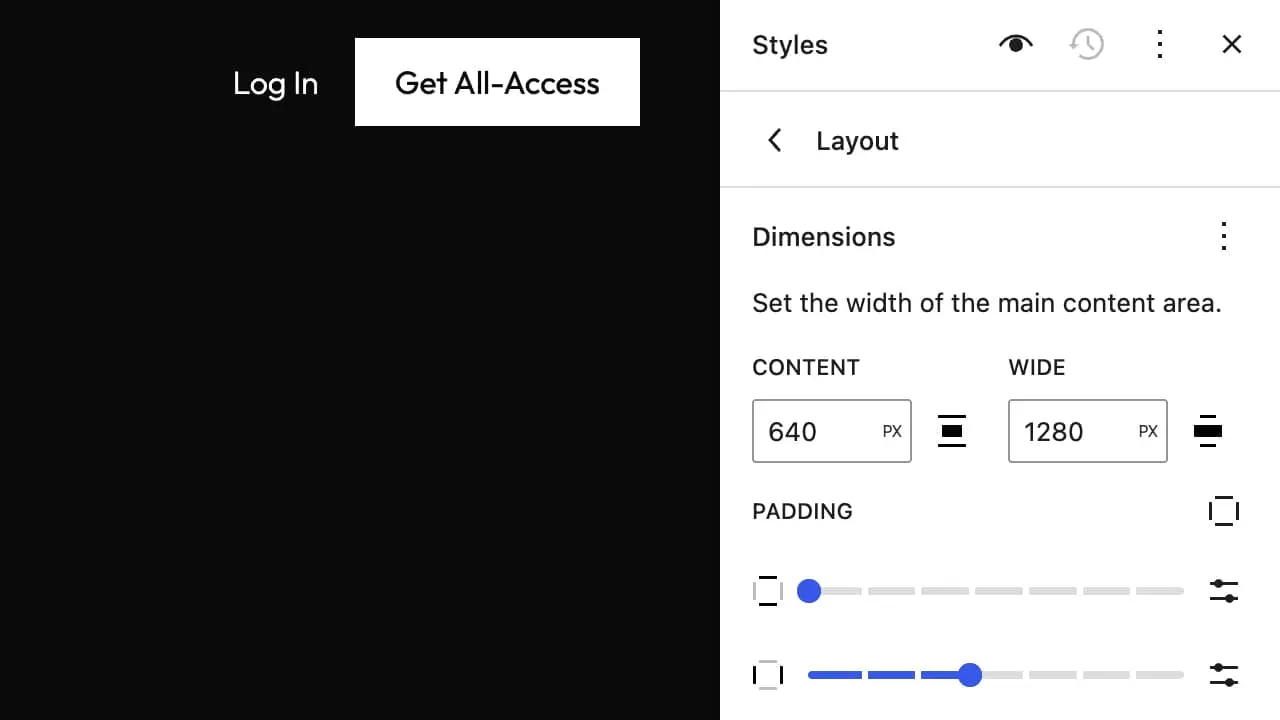 Layout controls to set content width in Powder WordPress theme